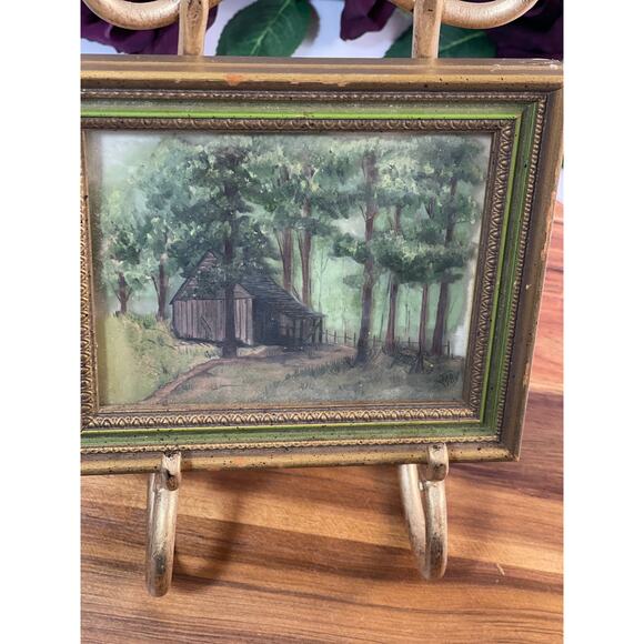 Vintage Glass Painting of a Cabin in the Woods – Signed & Inscribed - Picture 4 of 9